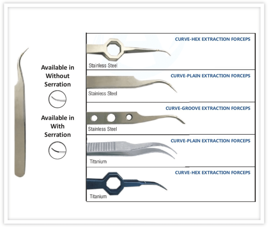 A curved extraction forceps is shown. This surgical tool is designed for precise removal of hair follicles during hair transplant procedures.

