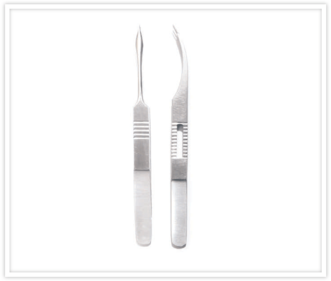 a graft handling forceps. This instrument is essential for gentle handling of delicate hair grafts in hair restoration surgery.