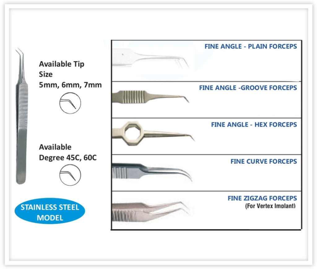 A close-up of delicate implanting forceps. These surgical instruments are crucial for precise hair follicle placement during hair transplant procedures.

