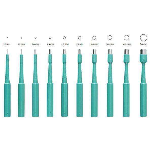 “Sterile biopsy punch used for precise tissue extraction in skin assessments.”
