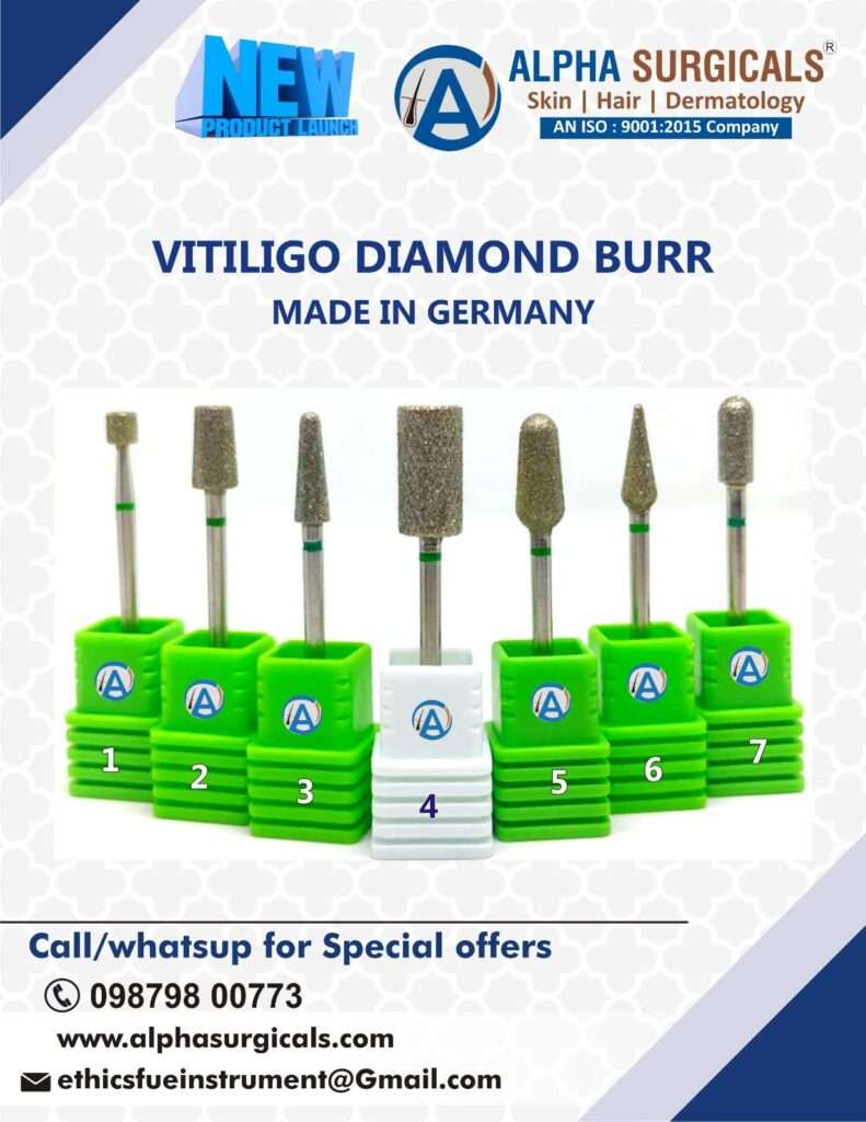 A collection of precision diamond-tipped burrs, specifically designed for dermatological applications to treat vitiligo, a skin condition characterized by patches of depigmented skin.