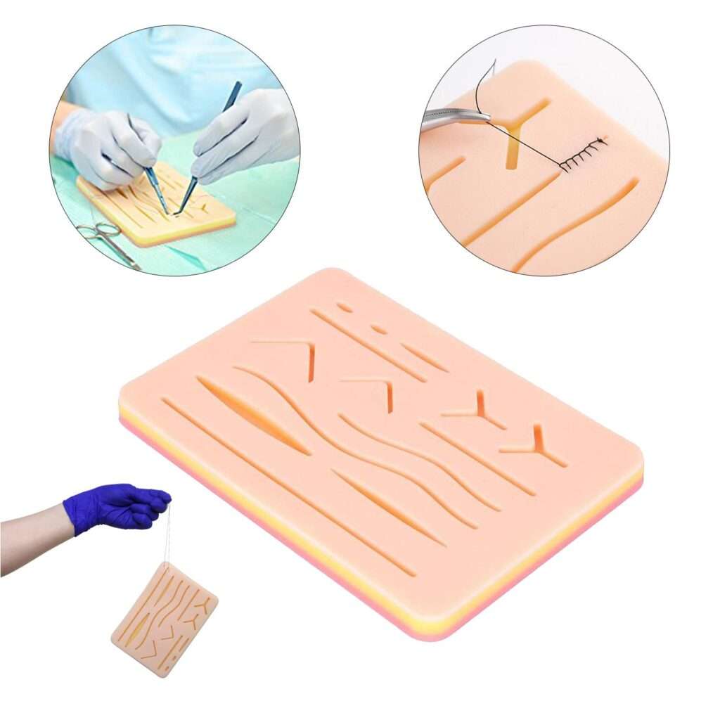 A hands-on demonstration of suturing techniques on a realistic silicone practice sheet.

