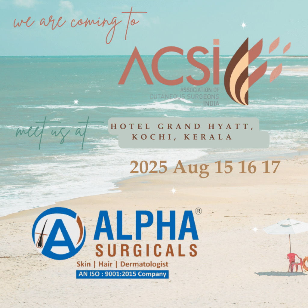 Alpha Surgicals participation banner for ACSI Gurukul 2025 at Hotel Grand Hyatt, Kochi, Kerala, 15β17 August, inviting visitors to their stall for surgical instruments and special offers.