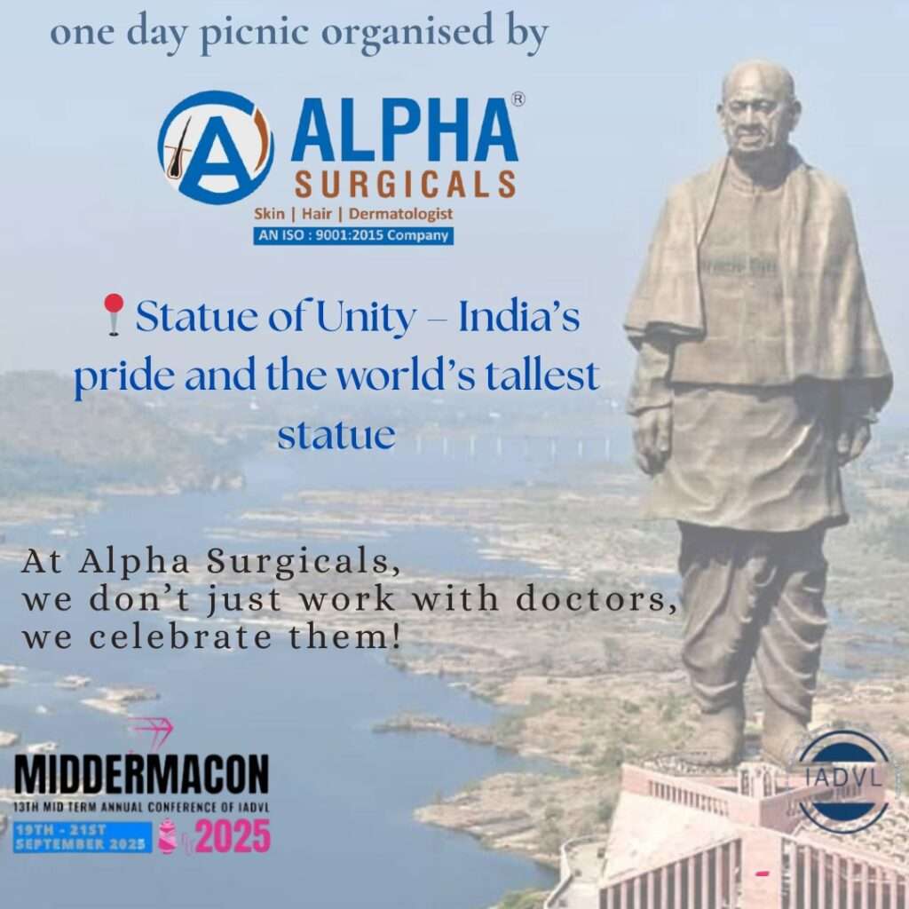 Alpha Surgicals picnic with doctors at Statue of Unity during MIDDERMACON 2025, celebrating doctors and showcasing dermato-aesthetic instruments with offers and discounts.