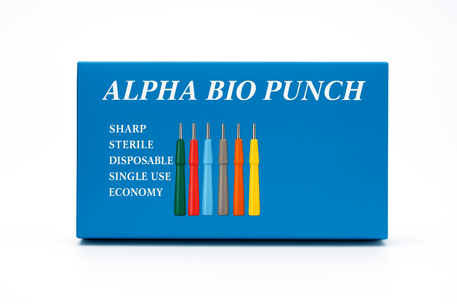 Alpha Surgicals Biopsy Punches packaging box showing sharp, sterile, disposable, single-use economy punches