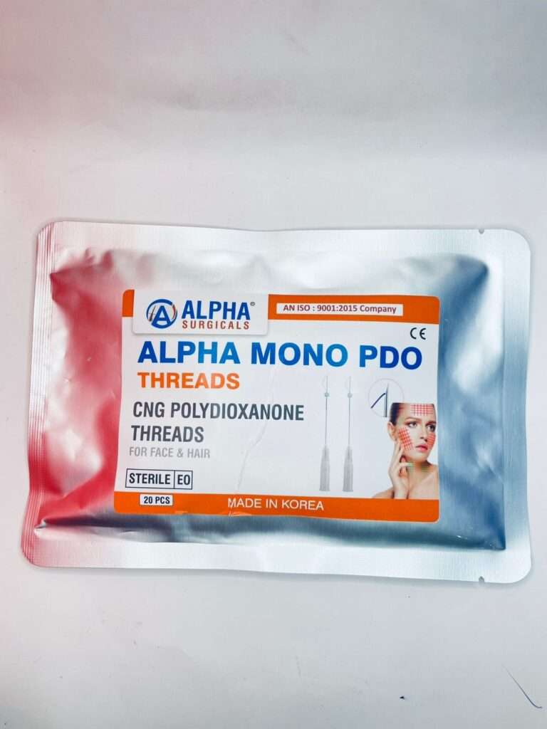 Alpha Surgicals Mono PDO Thread 29G-25mm packaging – sterile absorbable PDO threads for skin rejuvenation