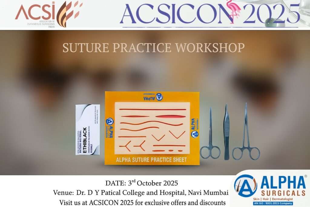 "Alpha Surgicals suture practice workshop at ACSICON 2025 Navi Mumbai with suture practice kit and instruments.