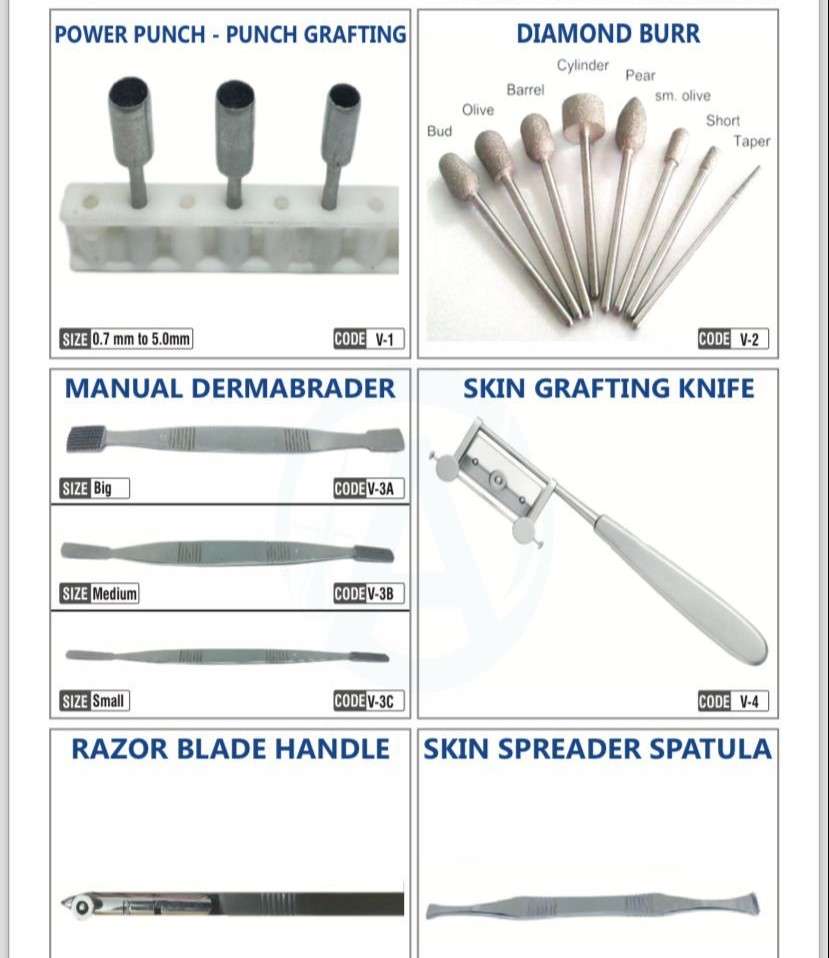 Alpha Surgicals vitiligo surgery instruments kit featuring power punch grafting tools, diamond burrs, manual dermabrader, skin grafting knife, razor blade handle, and skin spreader spatula for precise skin grafting and dermatological procedures.