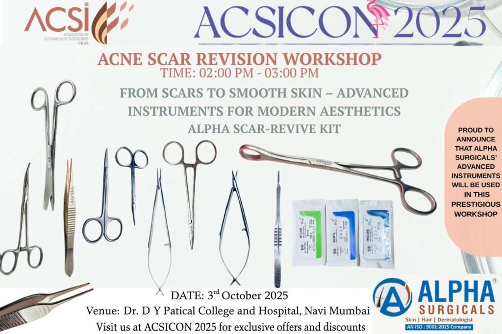 ACSICON 2025 acne scar revision workshop featuring Alpha Surgicals Scar-Revive Kit and advanced dermatology instruments at Dr. D Y Patical College and Hospital, Navi Mumbai