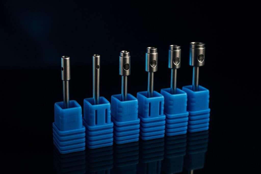 Vitiligo Power Punch needle cartridges set of six in blue protective holders arranged by size on dark background