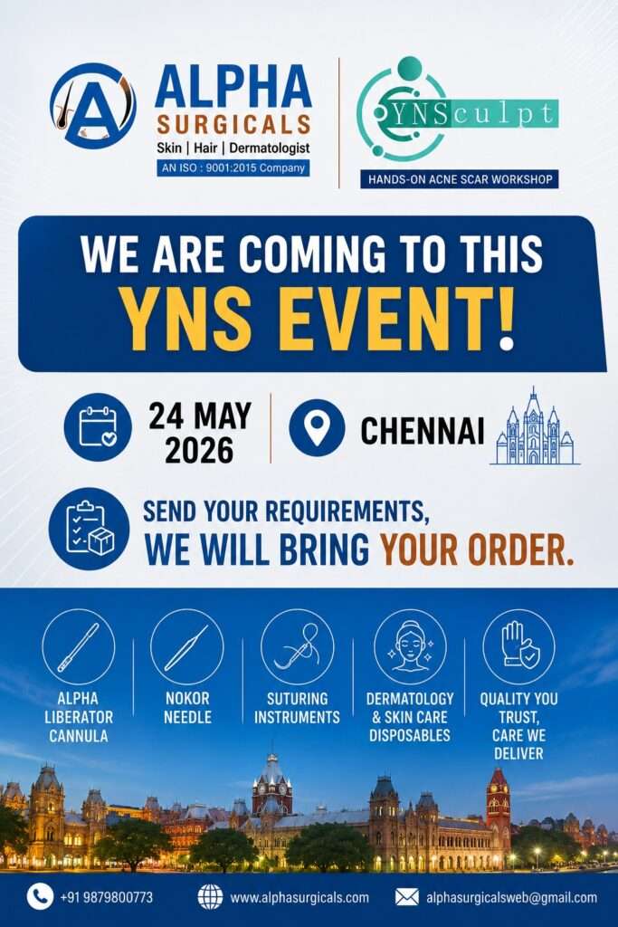 YNS Acne Scar Workshop 2026 Chennai event poster featuring Alpha Surgicals dermatology and acne scar treatment instruments.