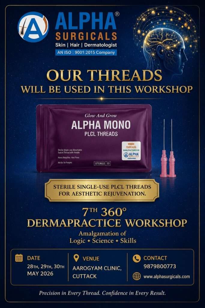 Alpha Surgicals Alpha Mono PLLC Threads showcased for use at the 7th 360° Dermapractice Workshop 2026 in Cuttack