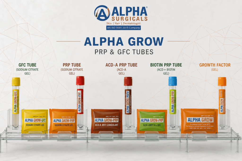 Alpha Grow PRP and GFC tubes by Alpha Surgicals including Sodium Citrate Gel PRP Tube, ACD-A PRP Tube, Biotin PRP Tube, and GFC Tube for hair restoration and regenerative treatments