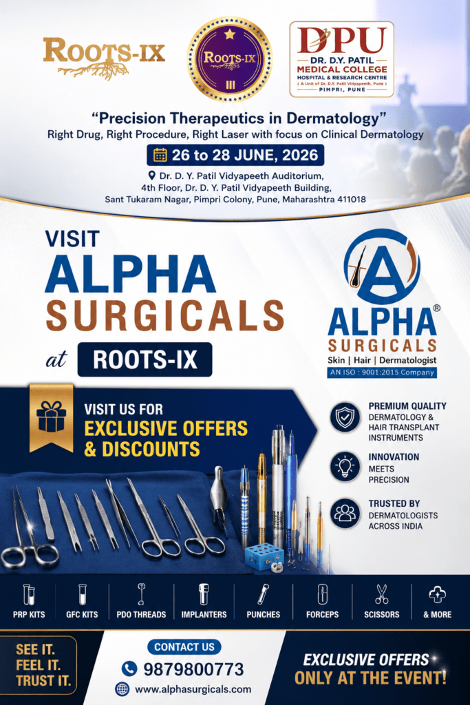 "Alpha Surgicals at ROOTS-IX 2026 offering exclusive discounts on dermatology and hair transplant instruments in Pune."