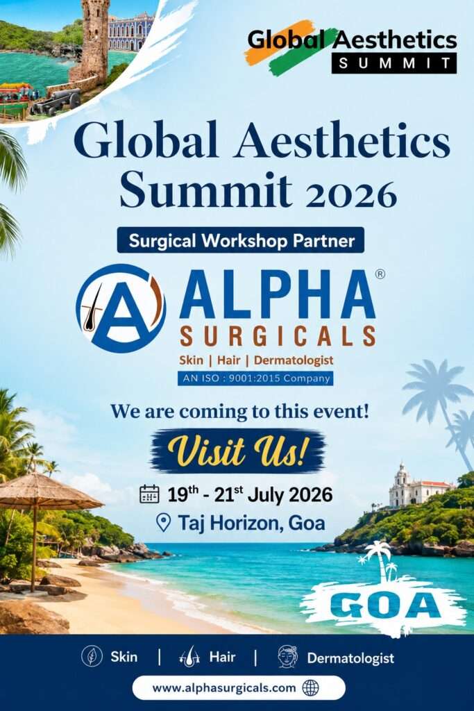 Alpha Surgicals event poster for Global Aesthetics Summit 2026 in Goa, highlighting its role as Surgical Workshop Partner for dermatology, hair transplant, and aesthetic medicine professionals.