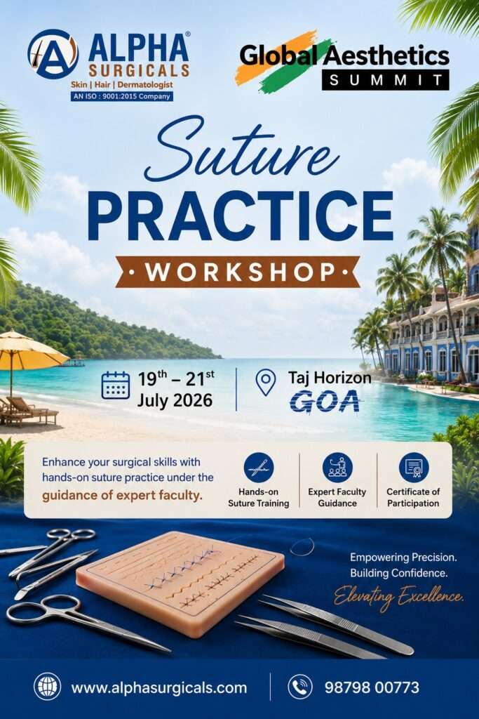 Alpha Surgicals Suture Practice Workshop poster at Global Aesthetics Summit Goa 2026 featuring hands-on surgical training and suture practice instruments.