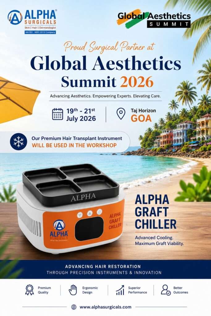 Alpha Graft Chiller showcased at Global Aesthetics Summit Goa 2026, featuring advanced hair transplant graft preservation technology by Alpha Surgicals.