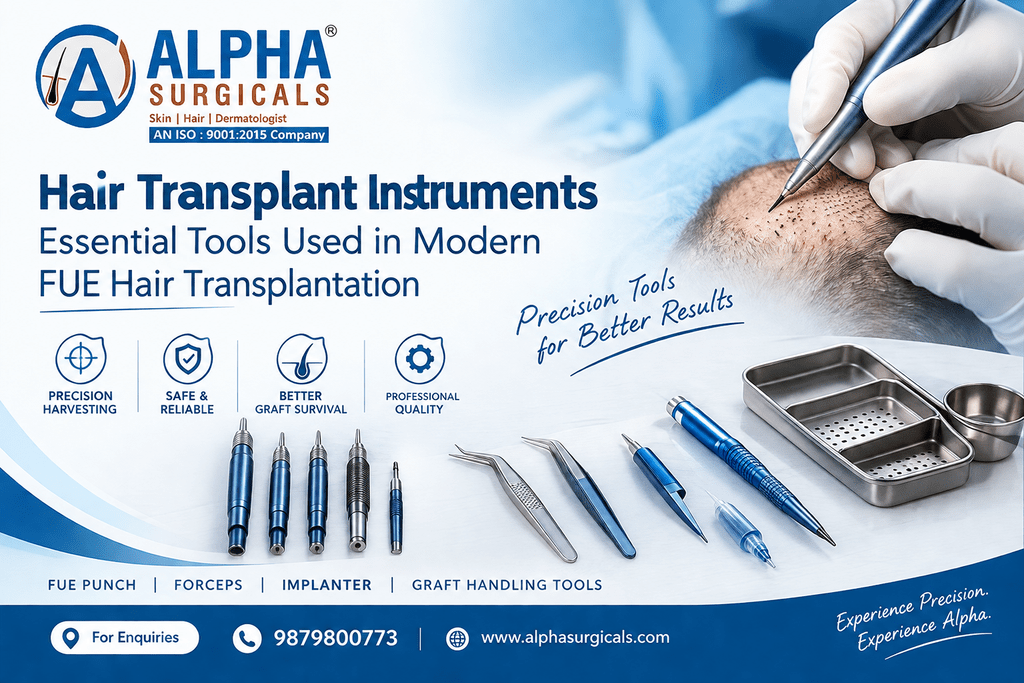 Hair transplant instruments used in modern FUE hair transplantation