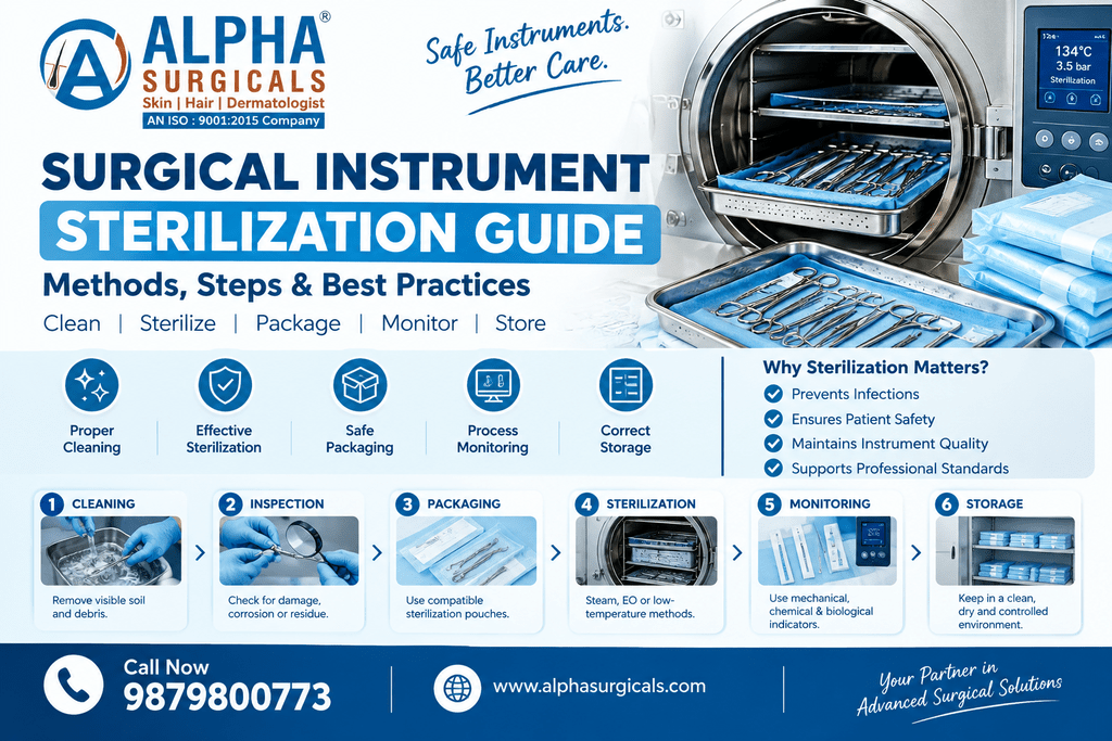 Surgical instrument sterilization guide with medical instruments and Alpha Surgical