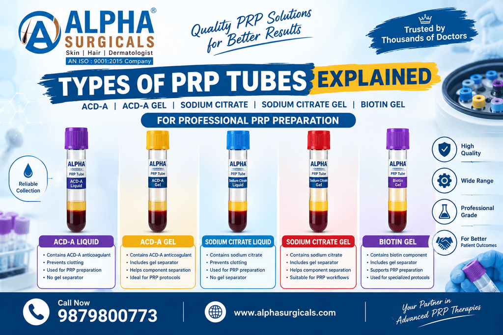 Types of PRP tubes including ACD-A, sodium citrate, gel and biotin tubes