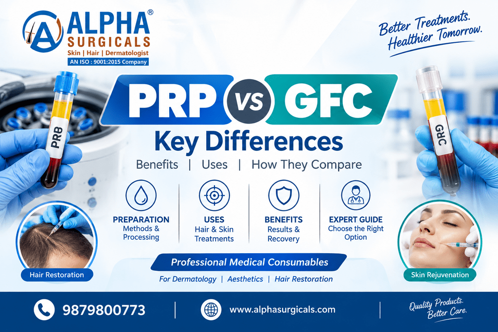 PRP vs GFC, PRP Therapy, GFC Therapy, Platelet Rich Plasma, Growth Factor Concentrate, Hair Restoration, Hair Treatment, Dermatology, Aesthetic Medicine, PRP for Hair, GFC for Hair, Medical Consumables, Alpha Surgical