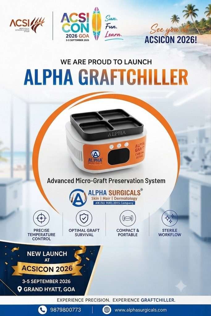 Alpha Graftchiller for hair transplant graft preservation
Alpha Surgical Graftchiller launched at ACSICON 2026
Advanced micro-graft preservation system by Alpha Surgical
Alpha Graftchiller for professional hair transplant workflows