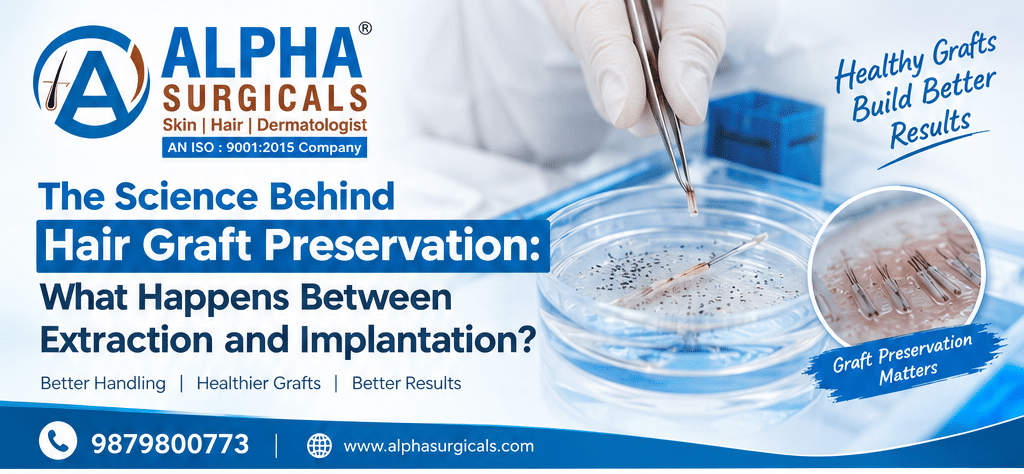 Hair graft preservation between extraction and implantation with Alpha Surgical hair transplant instruments.