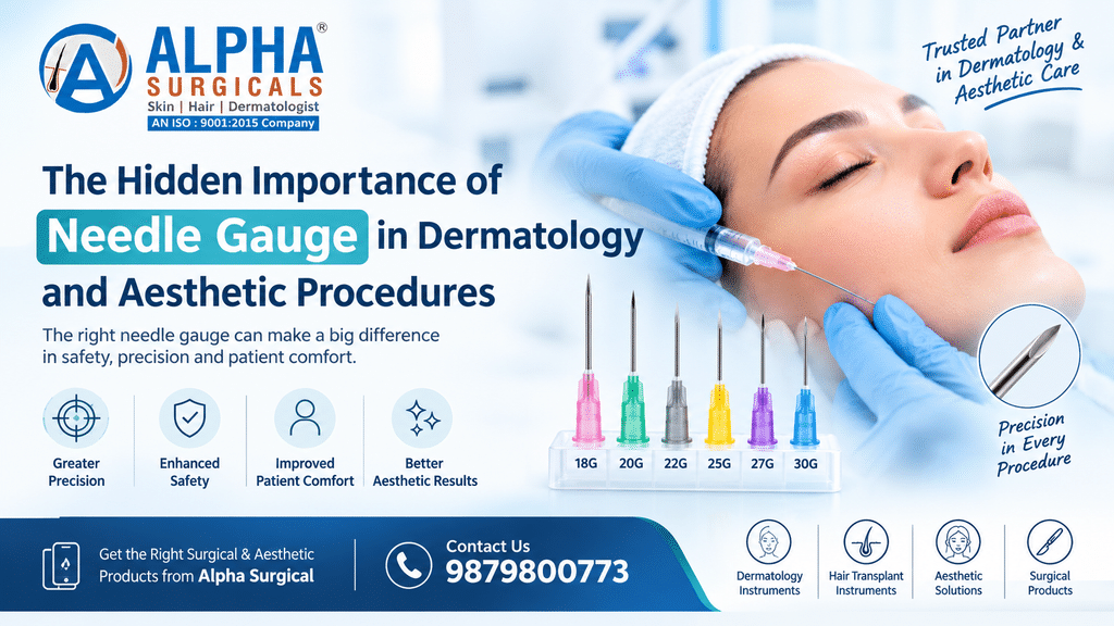 Alpha Surgical banner explaining needle gauge in dermatology and aesthetic procedures.