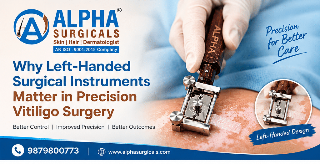 Left-handed surgical instruments for vitiligo surgery featuring Alpha Surgical’s Vitiligo Skin Grafting Knife.