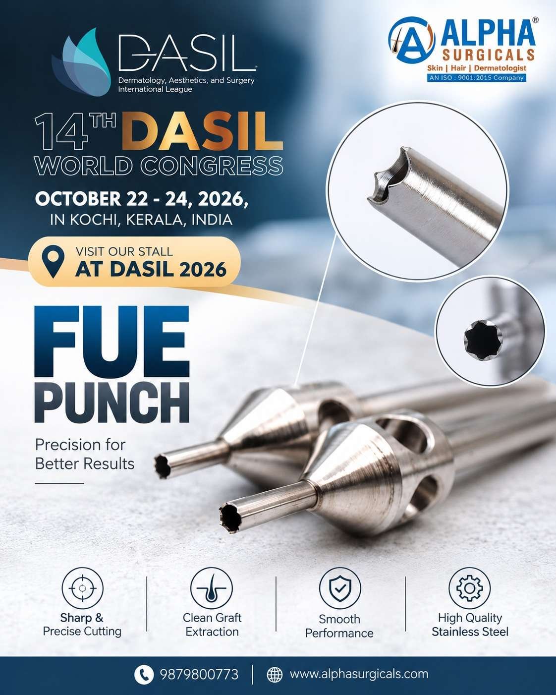 Alpha Surgical FUE Punch instruments featured at the 14th DASIL World Congress 2026 in Kochi, India.