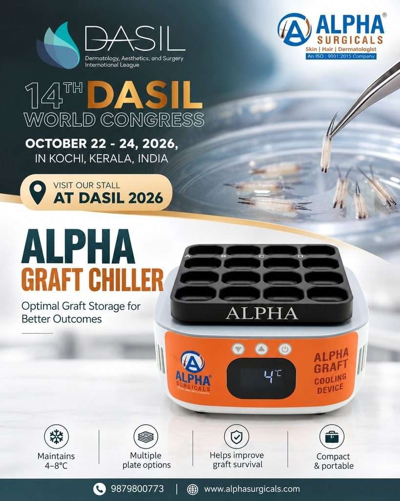 Alpha Surgicals Alpha Graft Chiller promotional poster for the 14th DASIL World Congress 2026 in Kochi, India.
