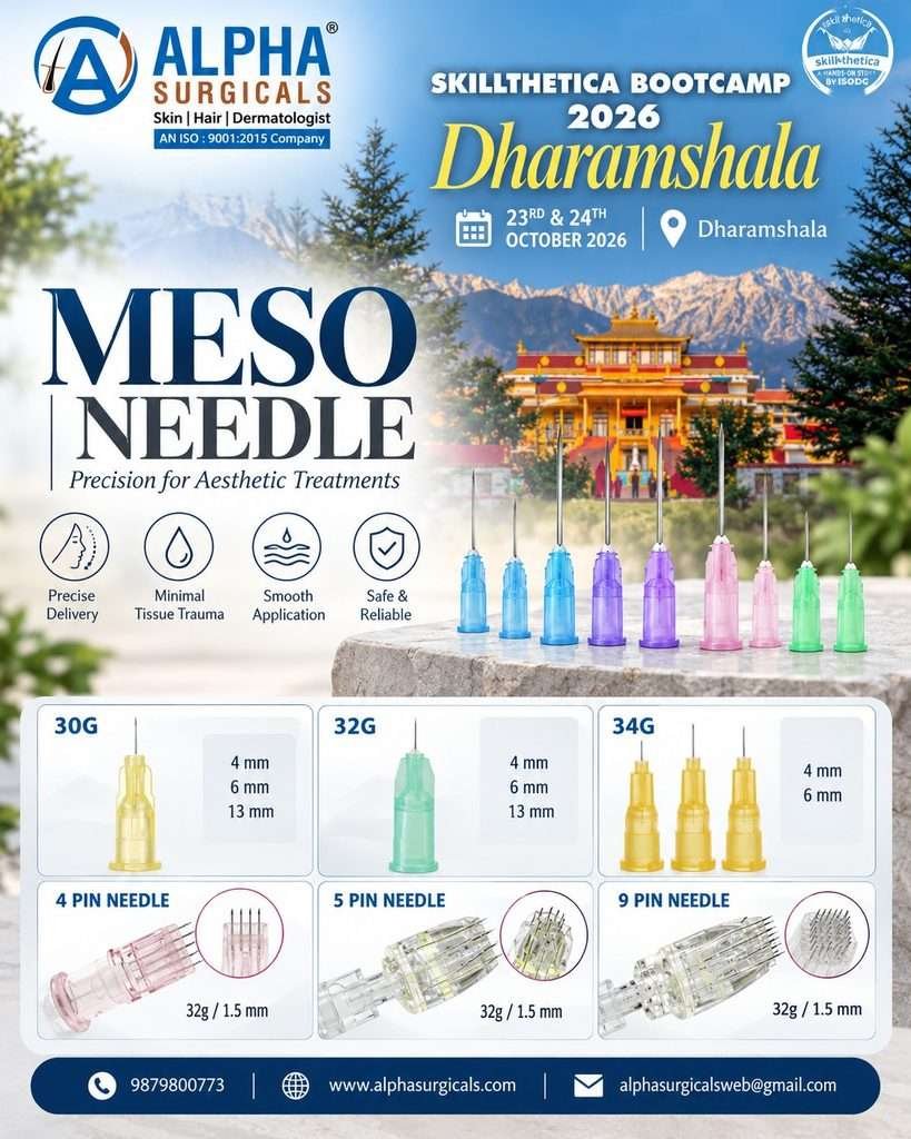 Alpha Surgical meso needles in 30G, 32G, 34G and multi-pin options featured for Skillthetica Bootcamp 2026 in Dharamshala.