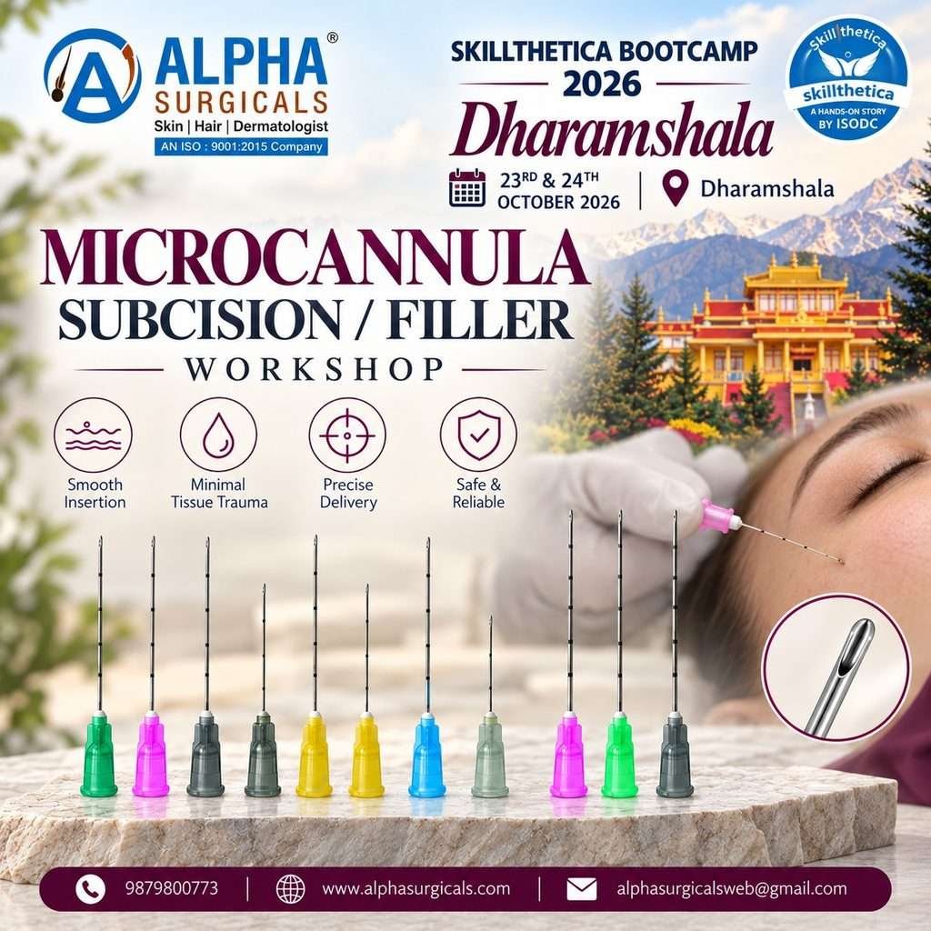Alpha Surgical microcannula products featured for the Subcision / Filler Workshop at Skillthetica Bootcamp 2026 in Dharamshala.