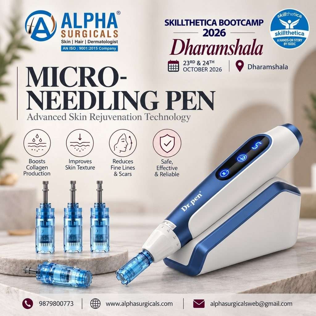 Alpha Surgical Micro-Needling Pen with blue needle cartridges featured for Skillthetica Bootcamp 2026 in Dharamshala.