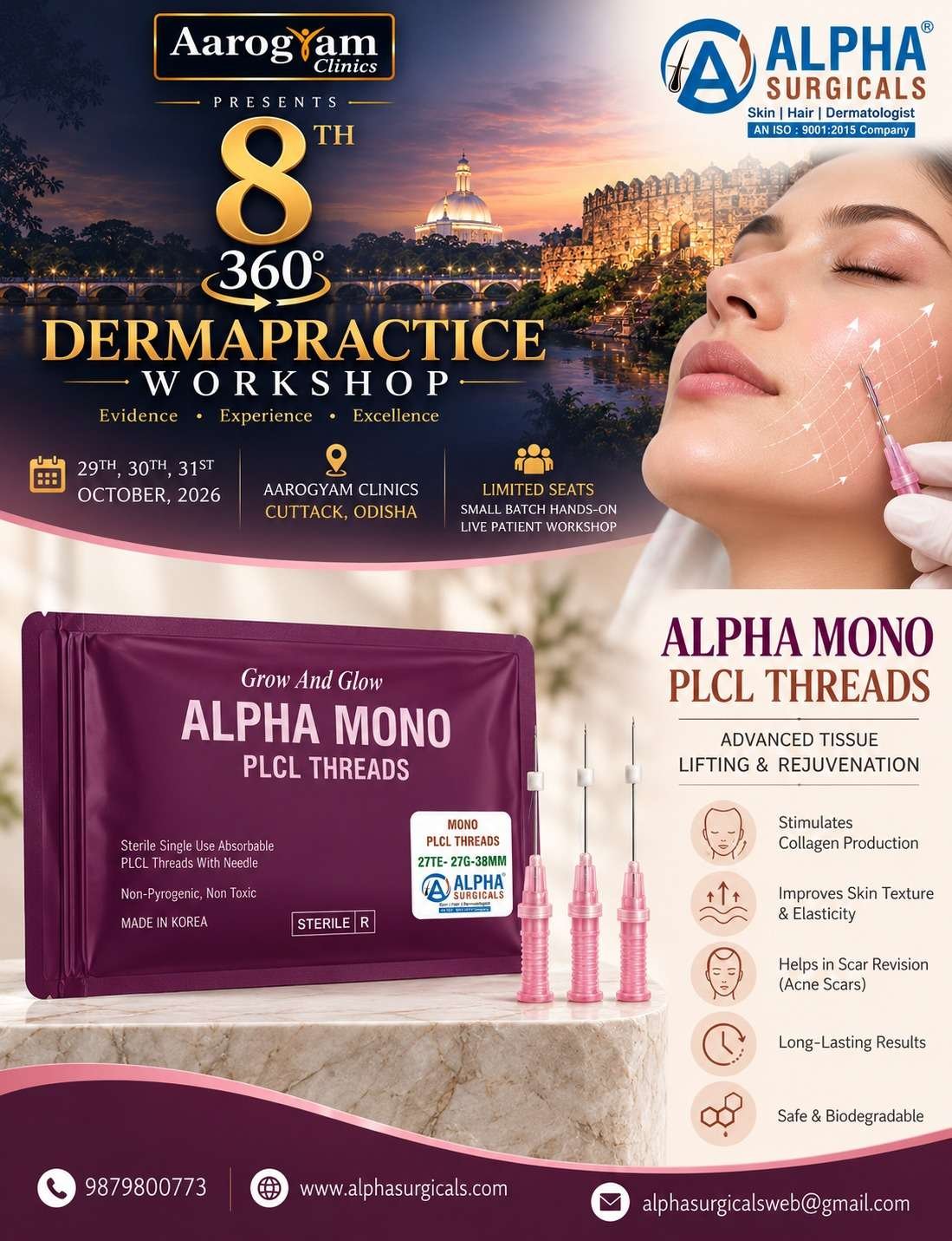 Alpha Surgical Mono PLCL Threads product packaging and thread needles featured for the 8th 360° Dermapractice Workshop 2026 in Cuttack.